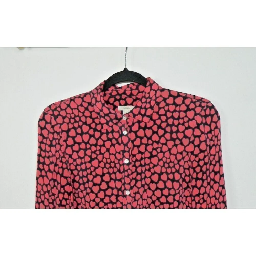J. Crew Blouse Size 0 Silk Black Pink Button Front Pink Heart Print - Picture 5 of 9